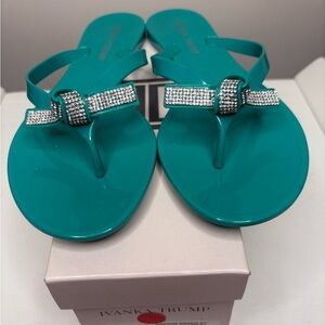 Ivanka Trump Green (Teal) Thong Sandals with Rhinestone Bow